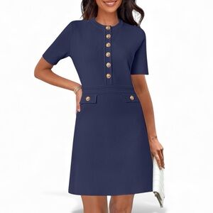 Classic Jackie Onassis Inspired Navy Dress with Gold Button Detail - Size M